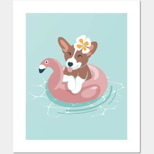 Summer pool pawty // aqua background welsh corgi dog breed in vacation playing on swimming pool Posters and Art